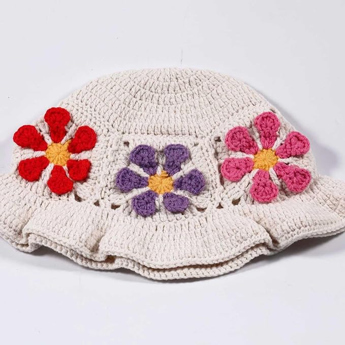 Crochet Bucket Hat for Women Flower Knit Hat Hollow Out Foldable Cap Hats