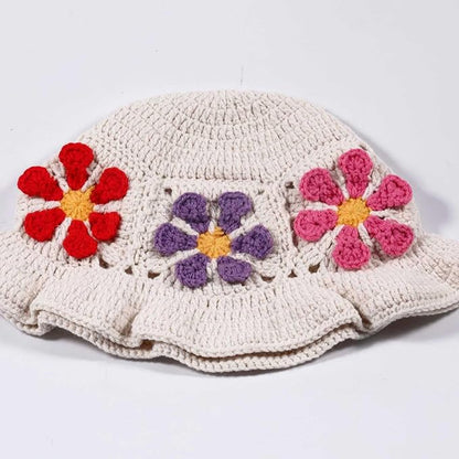 Crochet Bucket Hat for Women Flower Knit Hat Hollow Out Foldable Cap Hats