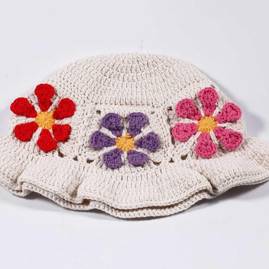 Crochet Bucket Hat for Women Flower Knit Hat Hollow Out Foldable Cap Hats