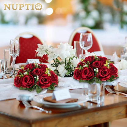 NUPTIO Flower Wedding Centrepieces for Tables - 10 Pcs 9.5in Diameter Crimson Artificial Flowers Rose Ball for Centerpieces Table - Fake Rose Arrangements for Weddings Birthday Party Decor