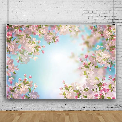 Renaiss 5x3ft Pink Floral Backdrop Romantic Cherry Blossom Blue Sky Sunshine Nature Scenery Polyester Photography Background for Wedding Kids Baby Birthday Party Decor Photo Props
