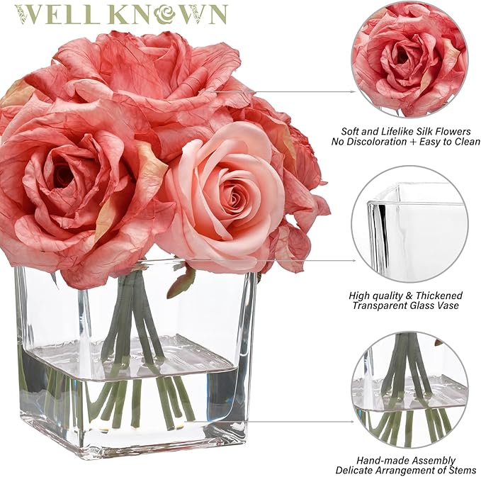 WELL KNOWN Rose Artificial Flowers in Vase with Faux Water, Silk Rose Table Centerpieces for Home Coffee Table Decor, Bean Pasty Pink Fake Rose Flower Arrangement for Wedding Office Hotel & Mom's Gift