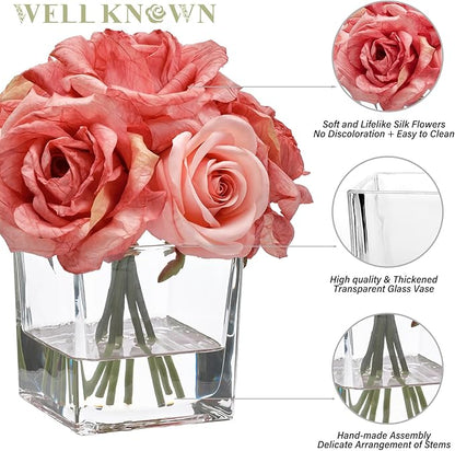 WELL KNOWN Rose Artificial Flowers in Vase with Faux Water, Silk Rose Table Centerpieces for Home Coffee Table Decor, Bean Pasty Pink Fake Rose Flower Arrangement for Wedding Office Hotel & Mom's Gift