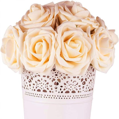 Artificial Flowers Roses 50pcs Champagne Roses Wedding Bouquets Real Looking Foam Fake Roses with Stems for DIY Bridal Shower Centerpieces Arrangements Party Tables Decorations