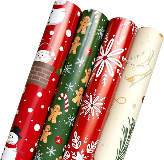 Christmas Wrapping Paper Set of 4 Rolls (148 sq. ft. ttl) With Colorful Holiday Patterns Santa Claus, Reindeer, Christmas Tree, Snowman, snowflakes for Gifts - 30 inches x 14.8 feet Per Roll