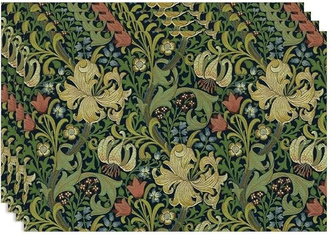 Vintage Floral Placemats Set of 4, William Morris Retro Boho Botanical Plant Place Mats, Heat Resistant Non Slip Cotton Linen Dining Table Mats for Home Kitchen Party 18x12 Inch