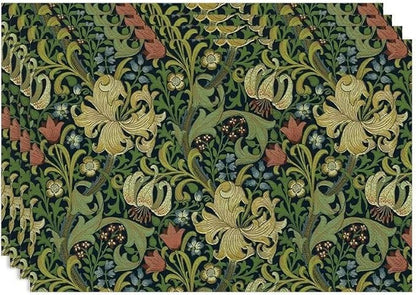 Vintage Floral Placemats Set of 4, William Morris Retro Boho Botanical Plant Place Mats, Heat Resistant Non Slip Cotton Linen Dining Table Mats for Home Kitchen Party 18x12 Inch