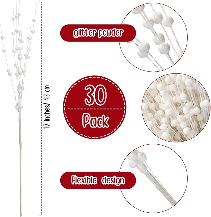 Geosar 30 Pcs Christmas Artificial Glitter Berry Stem Decorations 17 Inch Faux Stick Floral Pick Centerpiece Bouquet Flower Bead Twigs for Centerpiece Tree Wreath Xmas Ornaments Home(White)
