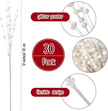 Geosar 30 Pcs Christmas Artificial Glitter Berry Stem Decorations 17 Inch Faux Stick Floral Pick Centerpiece Bouquet Flower Bead Twigs for Centerpiece Tree Wreath Xmas Ornaments Home(White)