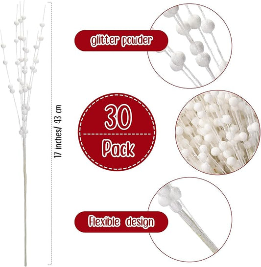 Geosar 30 Pcs Christmas Artificial Glitter Berry Stem Decorations 17 Inch Faux Stick Floral Pick Centerpiece Bouquet Flower Bead Twigs for Centerpiece Tree Wreath Xmas Ornaments Home(White)