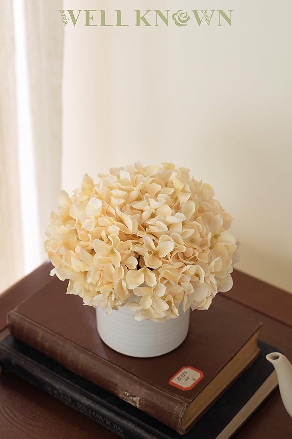 Hydrangea Fake Flowers in Vase, Artificial Flowers with Ceramic Vase Small Faux Potted Floral Arrangement for Bathroom Home Desk Kitchen Counter Vanity Shelf Coffee Table Centerpiece Decor (Champagne)