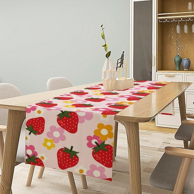Strawberry Table Runner, Spring Summer Fruit Birthday Party Decoration Dining Room Home Kitchen Table Decor 13 x 108Inches