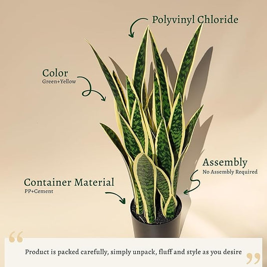 KOL 2ft Artificial Snake Plant, 32 Lifelike Faux PVC Leaves, Indoor Home Garden Decor, Fake Sansevieria Potted Plants, Mother-in-Law Tongue, 25.6in Floor Greenery in Black Pot