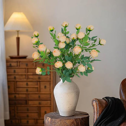 CHIAVE 8pcs 24 Flower Buds Artificial Vintage Roses Fake Silk Rose Flowers with Long Stem for DIY Bouquets Wedding Centerpiece Party Home Kitchen Shorp Decoration-Beige