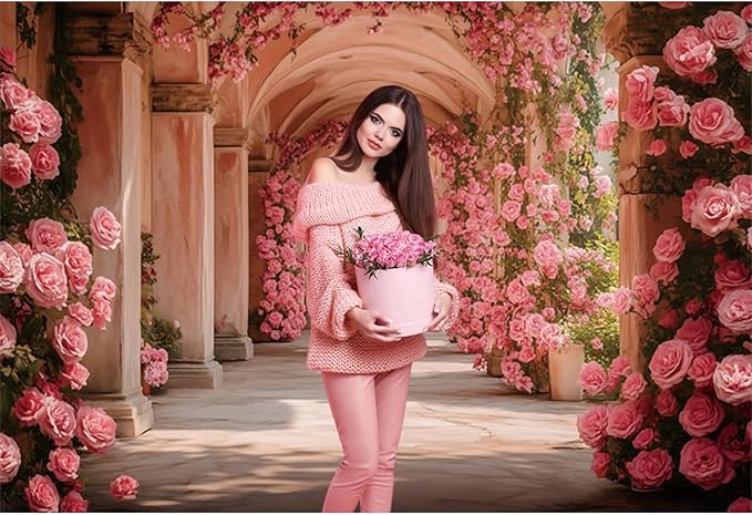 Baocicco 10x6.5ft Pink Flowers Backdrops for Photoshoot Rose Arch Corridor European Carving Wall Photo Background for Women Bridal Shower Birthday Marriage Valentines Mothers Day Backdrop Decorations