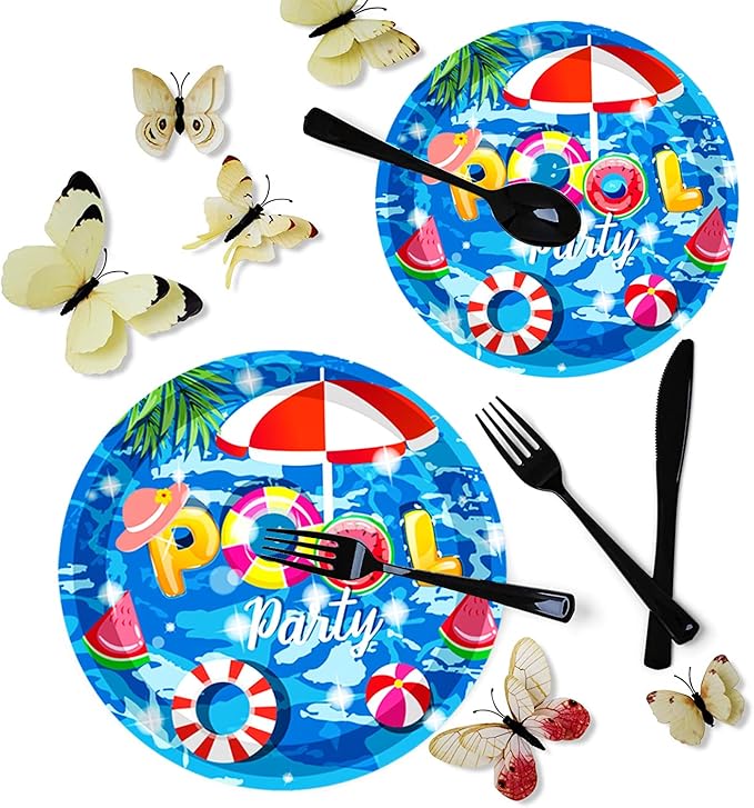 175Pcs Pool Party Supplies Beach Ball Party Set 9"Pool Party Plates 7"Beach Dessert Plate Napkins Cup Knive Fork Spoon for luau Ball Water Tube Picnic PoolBirthday Party Decor Serve25
