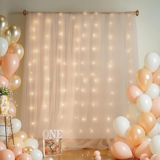 30x8ft Champagne Tulle Backdrop Curtain with Lights String for Parites, Sheer Backdrop Curtains for Wedding Baby Shower Birthday Party Photo Shoot Decorations
