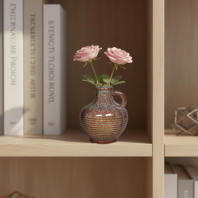 Sunddo Brown Ceramic Vase 6 Inch - Small Rustic Decorative Vase with 1 Handle, Rustic Farmhouse Decor, Bedroom, Bathroom, Bookshelf, Mantel, Coffee Table Decor