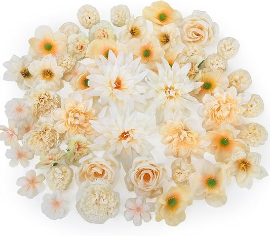 56 Pcs Champagne Artificial Flower Bulk, Fake Flower Heads for Crafts - Faux Mini Fabric Rose Daisy Hydrangea Carnation Mix for DIY Wedding Bouquets Garland Hair Cap Cake Party Home Decoration