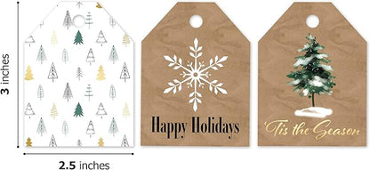 Pro Supply Global 24 Count of 2.5 Inch x 3 Inch Pre Strung Christmas Fir Trees Gift Tag Assorted Printed Designs on Large Cardstock Gift Hang Tags - Ideal to Use on Bags