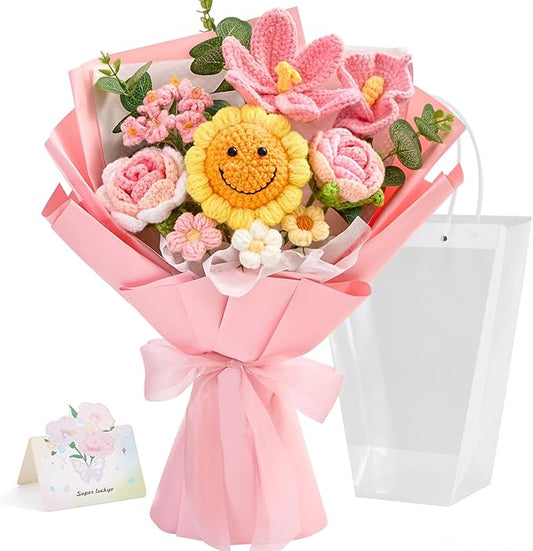 Crochet Flower Bouquet, Handmade Knitted Flowers,Pink Crochet Sunflower Bouquet for Lover Birthday, Anniversary, Wedding, Homecoming Gifts(Include Card)