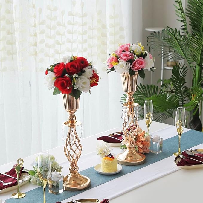 2 Pcs Beaded Crystal Gold Trumpet Vase, Elegant Metal Floral Centerpiece, Perfect for Wedding Banquets, Birthdays, Anniversaries, Holiday Parties and Other Important Event Centerpieces(20.2")