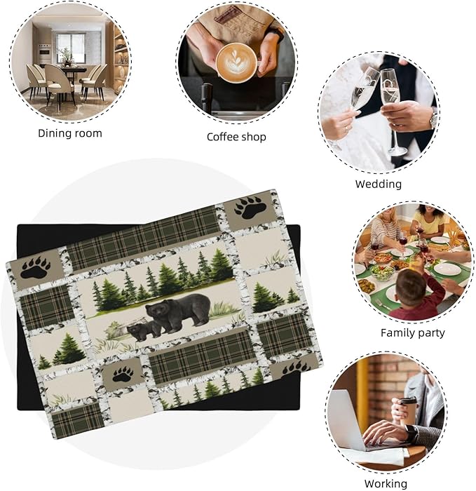 Forest Bear Moose Place Mats Set of 4 Pine Tree Wild Animal Kitchen Dining Table Mat for Indoor Outdoor Decorations 12 X 18 Inch 4 PCS, Style-19