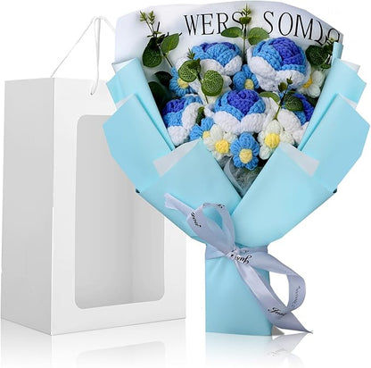 Foyucool Crochet Flowers Bouquet, Handmade Knitted Rosy Blue Bouquet with Gift Bag for Home Deocor, Crocheted Finished Flower for Wedding, Mother's Day, Teachers' Day and Valentine's Day, Blue White
