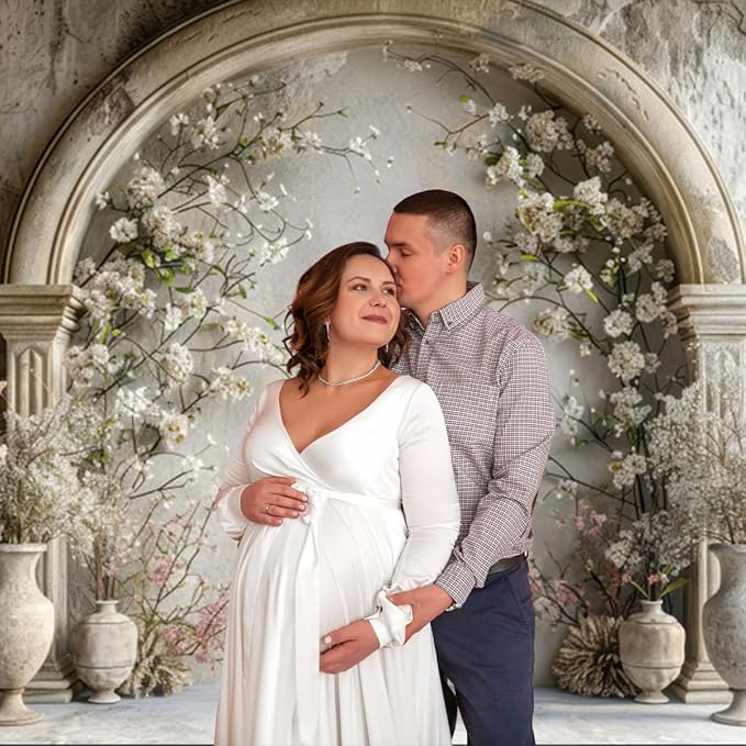 7x5ft Vintage Wedding Floral Backdrop Countryside White Wildflower Old Building Wall Photography Background for Valentines Day Bridal Shower Birthday Princess Couples Women Portraits