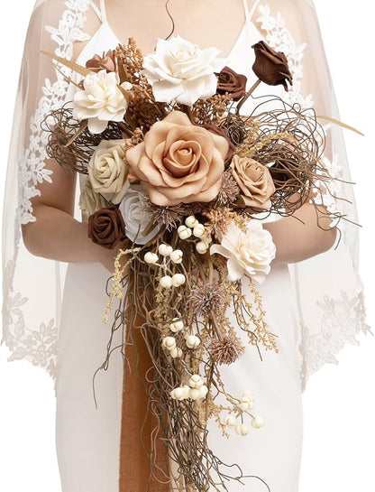 Ling's moment Beige Bridal Bouquet Cascading, Brown Wedding Bouquets for Bride, 13 Inch Bride Bouquets for Wedding Artificial Flowers Bouquets