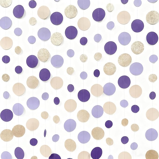 Champagne Gold Purple Cream Nude Polka Dots Garland Lavender Hanging Paper Circle Dot Streamer for Birthday Wedding Engagement Baby Shower Bridal Shower Lilac Violet Theme Party Decorations Supplies