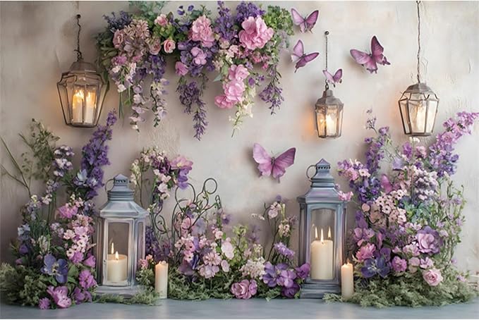 YongFoto Elegant Flower Wall Backdrop 10x6.5ft Floral Butterfly Candle Photography Background Baby Bridal Shower Wedding Girl Birthday Party Banner Room Decor Portrait Photoshoot Wallpaper Photo Booth