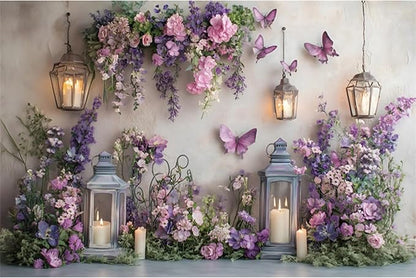 YongFoto Elegant Flower Wall Backdrop 8x6ft Floral Butterfly Candle Photography Background Baby Bridal Shower Wedding Girl Birthday Party Banner Room Decor Portrait Photoshoot Wallpaper Photo Booth
