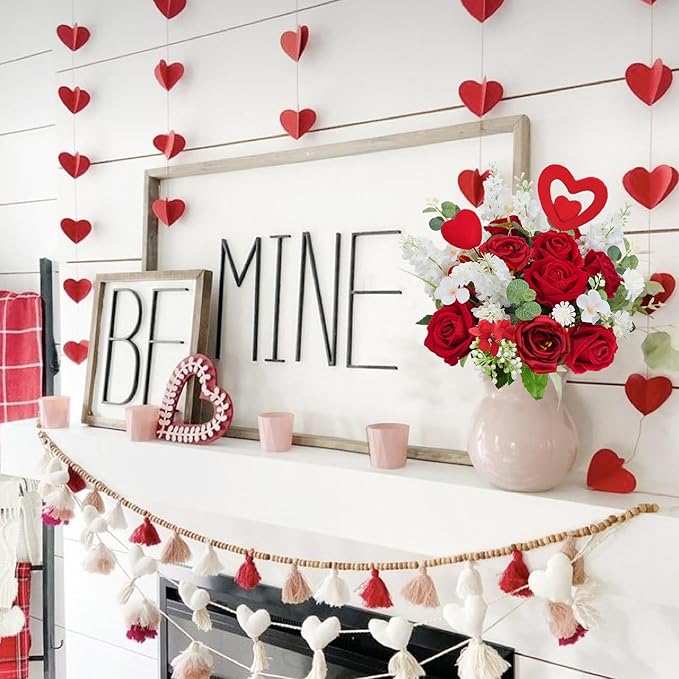 HUAESIN Artificial Rose Bouquet Faux Flower Stems Fake Rose Hyacinth with Red Heart Picks Spring Fake Floral Arrangements Indoor for Home Table Anniversary Valentine’s Decorations Outdoor
