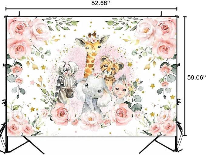 Sensfun Jungle Safari Baby Shower Backdrop It's A Girl Pink Floral Zoo Animals Baby Shower Party Decorations Wild One Birthday Photography Background Cake Table Banner Supplies (7x5ft)