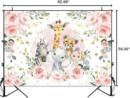 Sensfun Jungle Safari Baby Shower Backdrop It's A Girl Pink Floral Zoo Animals Baby Shower Party Decorations Wild One Birthday Photography Background Cake Table Banner Supplies (7x5ft)