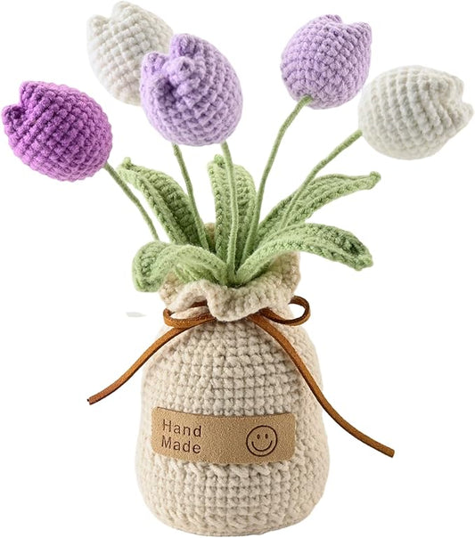Crochet Woven Tulips with Wool,Simulation Plant Crochet Hand-Woven Flowers for Home Room Table Office Ornaments and Birthday Gifts for Family Friends Anniversary (5 Flowers-Purple)