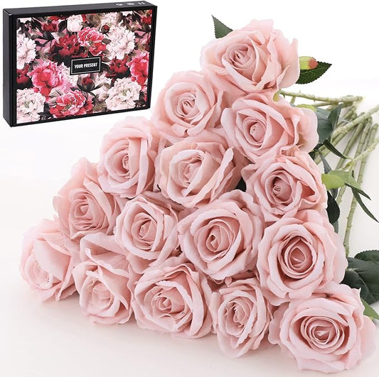 15Pcs Pink Roses Artificial Flowers Fake Roses Long Stem Velet Rose Silk Flowers for Home Wedding Decoration (Round Roses,Pale Pink)