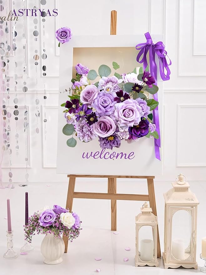 ASTRYAS Artificial Flowers Combo Purple Flowers Mix Silk Flowers Peony Dahlia Roses with Stems for DIY Bridal Wedding Shower Decorations Faux Floral Arrangements Party Centerpieces Home Decor Indoor