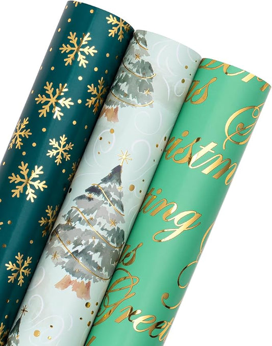 WRAPAHOLIC Christmas Wrapping Paper - 3 Rolls, 17 Inch X 120 Inch Each - Green Foil Christmas Tree, Snowflake Designs with Metallic Shine - Perfect for Christmas, Holiday