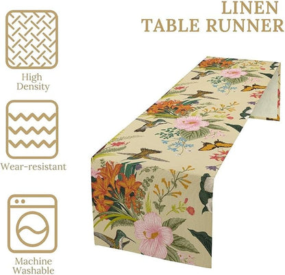 Brown Bird Floral Table Runner Spring Flower Kitchen Table Decoration Suitable for Family Dinner Decoration 13x90 Inch
