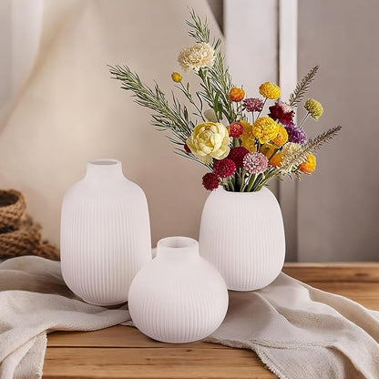 White Ceramic Vase Set of 3, Decorative Vases for Flowers, Home Decor Modern Minimalist Pottery Vases for Bouquet Pampas Grass Dried Fresh, Bookshelf, Shelf, Bedroom, Entryway Mantel Decor