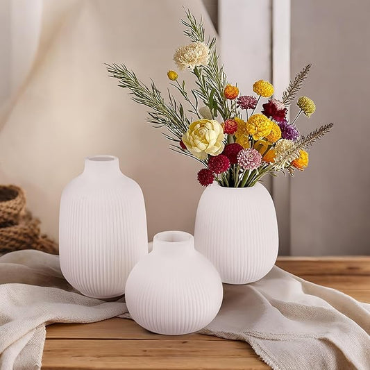 White Ceramic Vase Set of 3, Decorative Vases for Flowers, Home Decor Modern Minimalist Pottery Vases for Bouquet Pampas Grass Dried Fresh, Bookshelf, Shelf, Bedroom, Entryway Mantel Decor