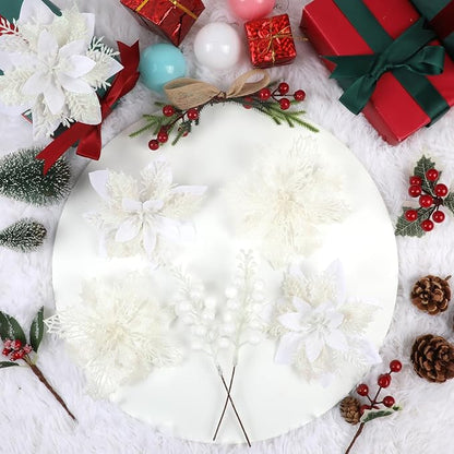 Sawowkuya 22 Pcs White Poinsettia Artificial Flowers & Glitter Berries Stems Kit, Christmas Poinsettias Decorations & Ornaments for Xmas Home Wedding Holiday Tree Decor