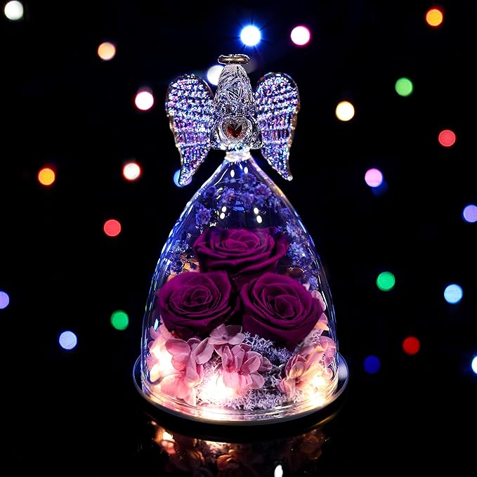 Mothers Day Rose Gifts for Women, Large Angel Figurines with Real Roses, Preserved Real Flower Rose for Her,Full Purple