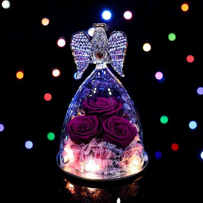 Mothers Day Rose Gifts for Women, Large Angel Figurines with Real Roses, Preserved Real Flower Rose for Her,Full Purple