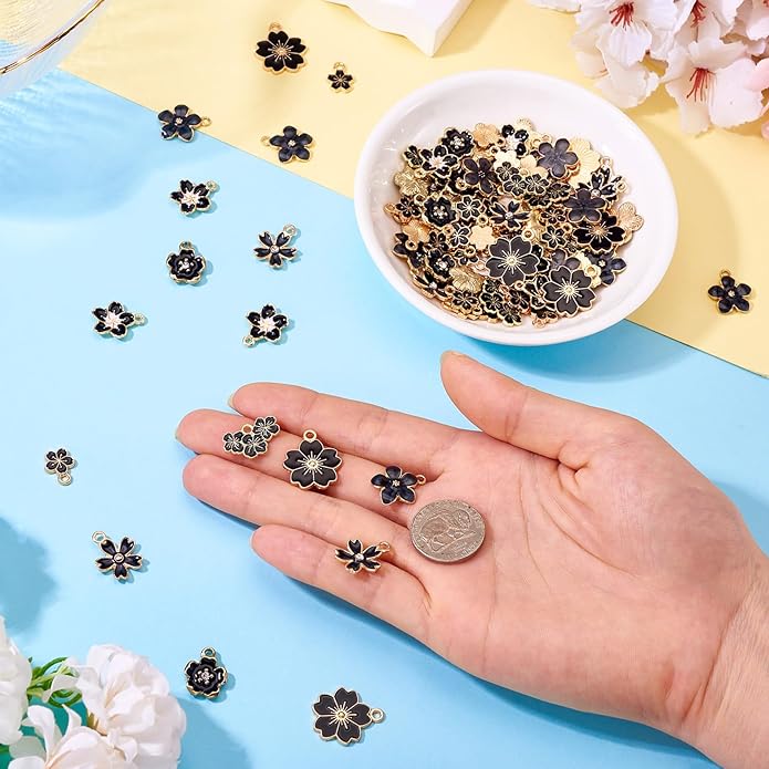 KISSITTY 100Pcs Light Gold Alloy Enamel Charms Cherry Blossom Flower Charm Bulk Gold Plated Pendant Cute Small Floral Dangle Charms for DIY Jewelry Making Kit Bracelet Necklace Keychain Crafts