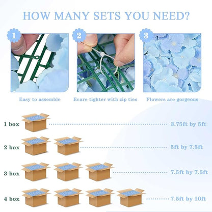 Blue Flower Wall Panels Backdrop: Wedding Artificial Flower Wall Backdrop 3.75ft by 5ft Hydrangea Floral Wall for Anniversary Graduation Party Decoration (12 Pcs 15 x 15 Inch)