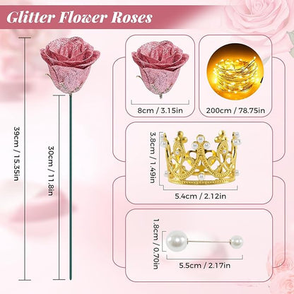 Gold Rose Glitter Roses Bouquet, 24 Pcs Shiny Glitter Flowers Bouquet, Everlasting DIY Artificial Roses Bouquet for Christmas, Birthday, Anniversary, Wedding, Engagement,Mothers Day,Gifts