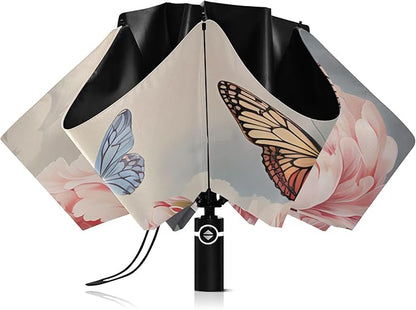 Automatic Folding Umbrella Windproof Strong, UV Protection Compact Floral Hydrangea Hummingbird Sun Rain Sun Rain Travel Umbrellas for Women Men